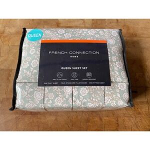 Brand New French Connection Home Queen Sheet Set Floral Sage Green 6 Piece‎